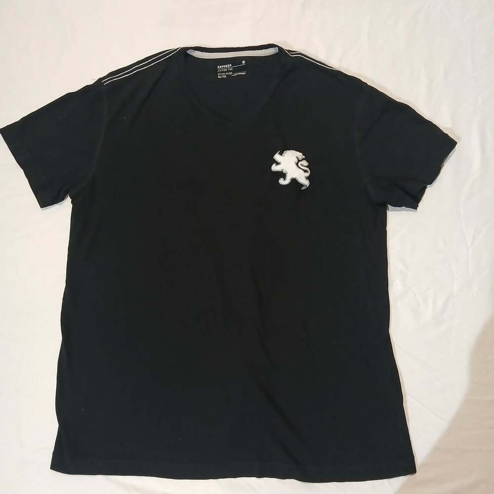 Express Men's Black V-Neck Fitted T-Shirt with White Griffin Lion Logo Size XL